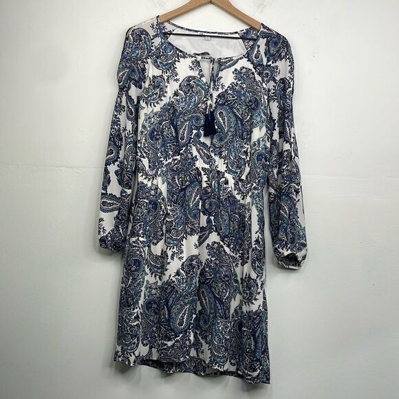 DR2 Shift Dress Paisley Print front tussles split sleeves size Medium - Picture 2 of 16